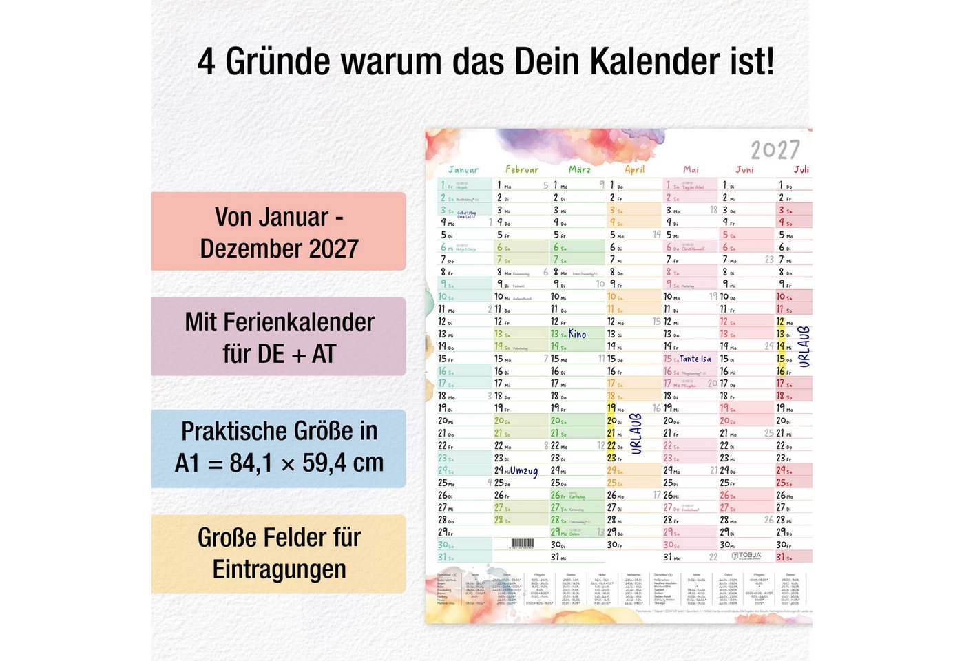 TOBJA Wandkalender Wandkalender 2027 A1 Aquarell Splash – Großer Jahresplaner, Wandkalender 60x84cm Wandplaner Jahreplaner Urlaubsplaner Bild 4