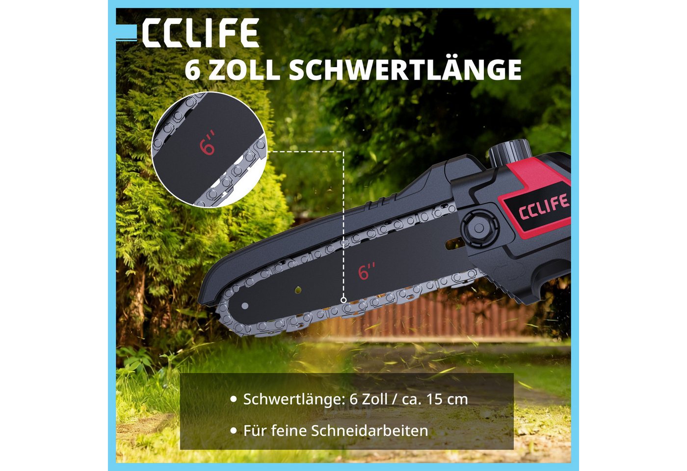 CCLIFE Akku-Kettensäge CCLIFE Mini Akku Kettensaege 6 Zoll 18V Werkzeuglose Kettenspannung Bild 2
