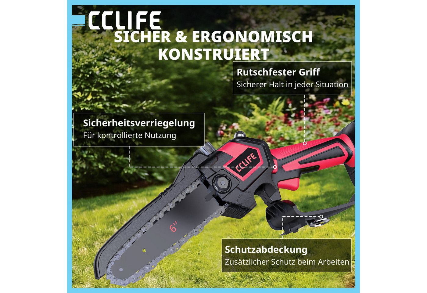 CCLIFE Akku-Kettensäge CCLIFE Mini Akku Kettensaege 6 Zoll 18V Werkzeuglose Kettenspannung Bild 3