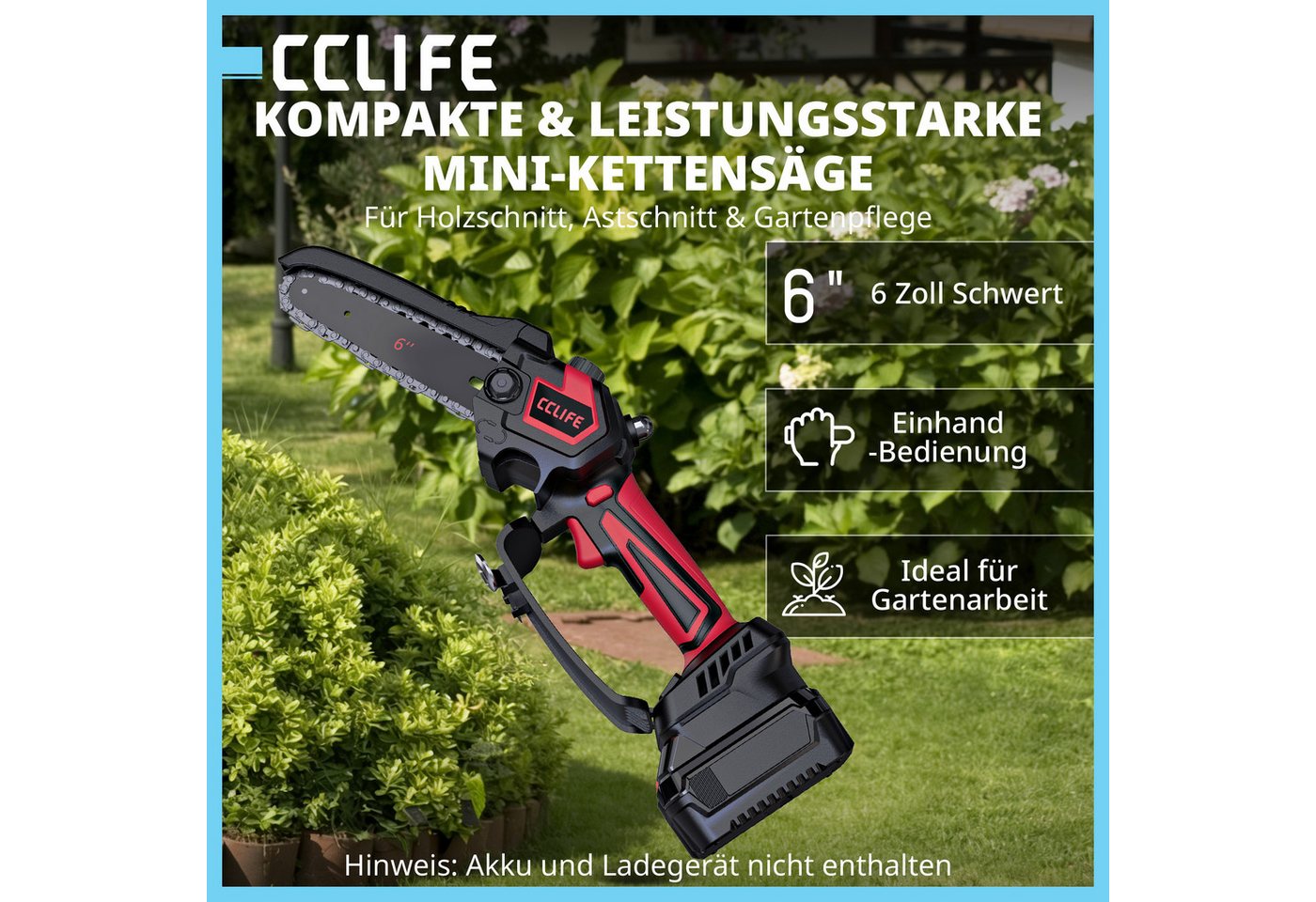 CCLIFE Akku-Kettensäge CCLIFE Mini Akku Kettensaege 6 Zoll 18V Werkzeuglose Kettenspannung Bild 4