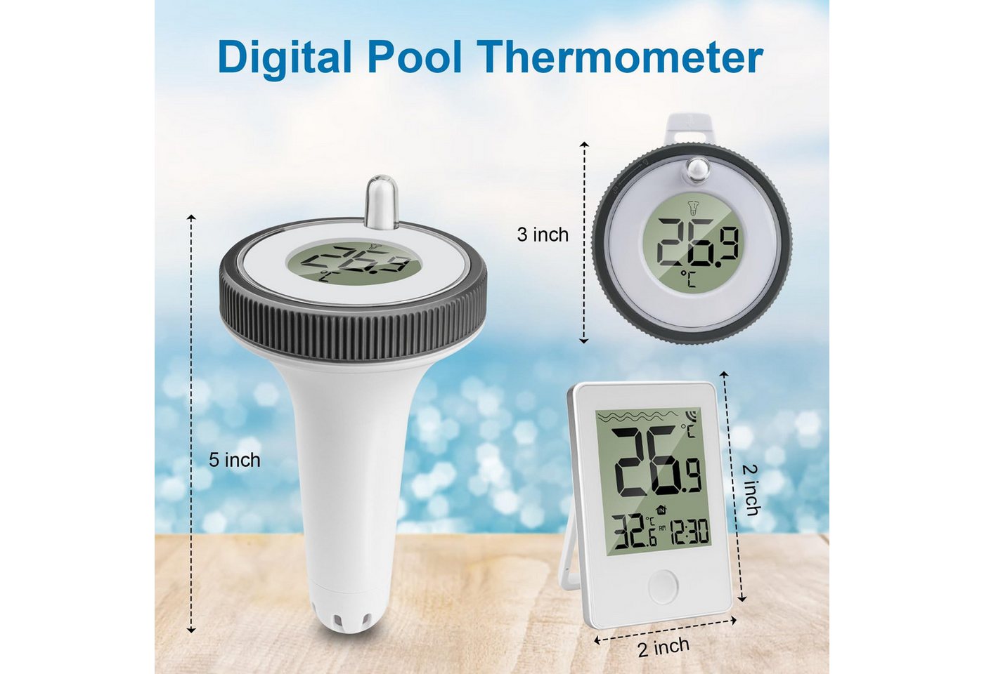 ibettertec Schwimmthermometer Schwimmthermometer Digitales Poolthermometer mit Innenstation, Einzelgerät (1x Inneneinheit, 1x schwimmender Sensor, 1x Anleitung), Pool Thermometer Funk Digitales Schwimmbadthermometer IP67