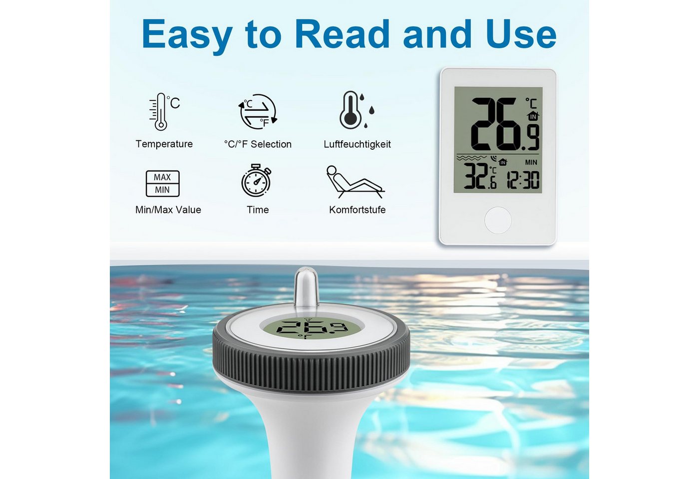 ibettertec Schwimmthermometer Schwimmthermometer Digitales Poolthermometer mit Innenstation, Einzelgerät (1x Inneneinheit, 1x schwimmender Sensor, 1x Anleitung), Pool Thermometer Funk Digitales Schwimmbadthermometer IP67 Bild 2