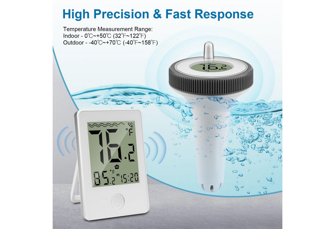 ibettertec Schwimmthermometer Schwimmthermometer Digitales Poolthermometer mit Innenstation, Einzelgerät (1x Inneneinheit, 1x schwimmender Sensor, 1x Anleitung), Pool Thermometer Funk Digitales Schwimmbadthermometer IP67 Bild 3