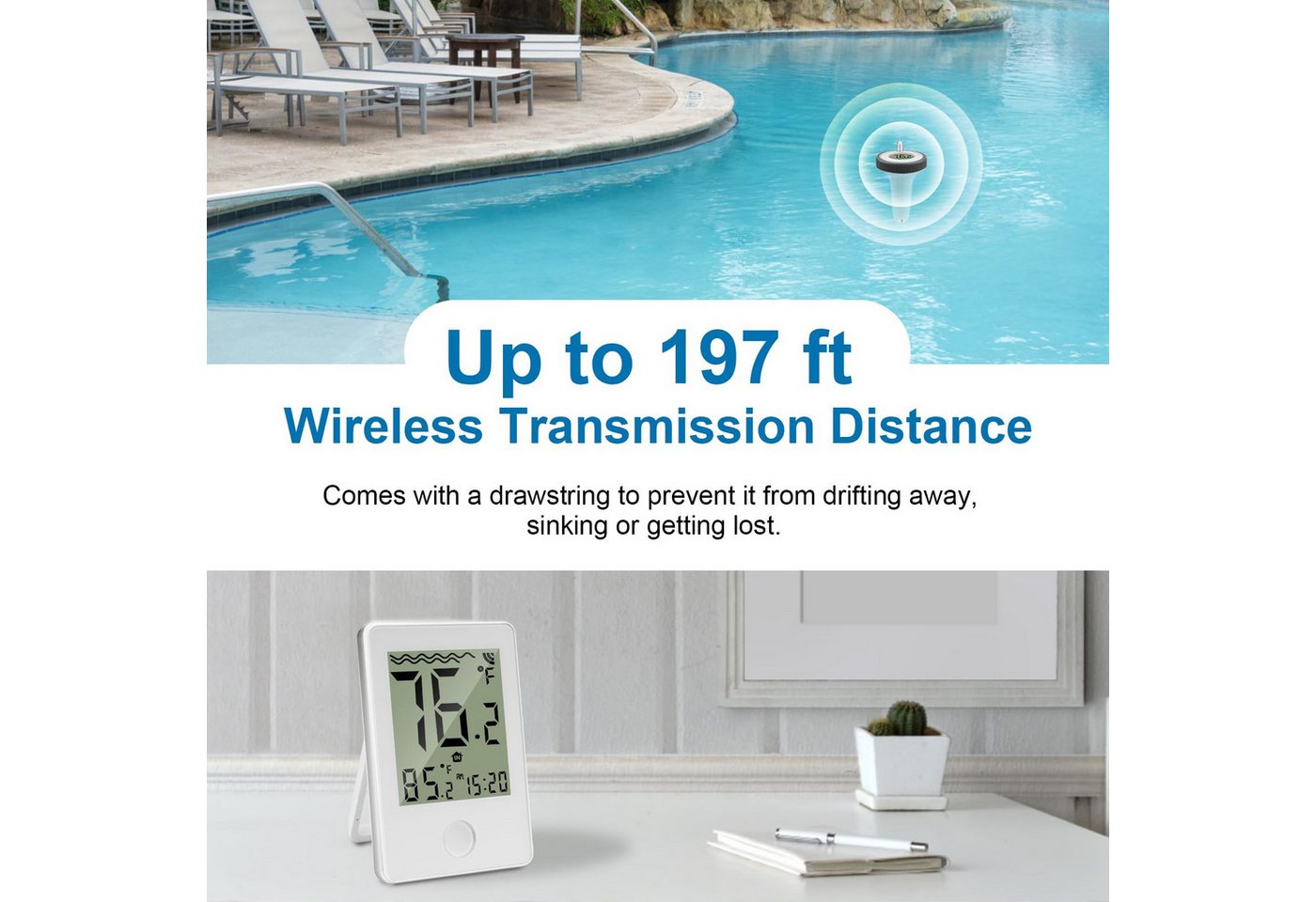 ibettertec Schwimmthermometer Schwimmthermometer Digitales Poolthermometer mit Innenstation, Einzelgerät (1x Inneneinheit, 1x schwimmender Sensor, 1x Anleitung), Pool Thermometer Funk Digitales Schwimmbadthermometer IP67 Bild 5