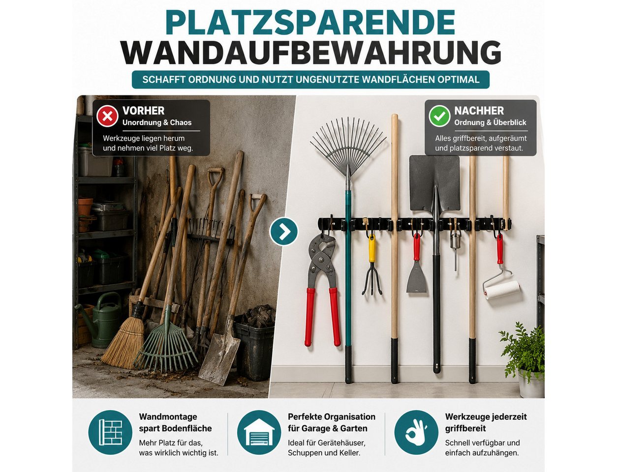 Toomoke Gartengerätehalter Gartengerätehalter Wandhaken Besenhalterung mit 4 Halter und 5 Haken, (für Besen, Mopps und Gartengeräte., 49cm*3cm,Wandhalterung,Edelstahl,platzsparend)