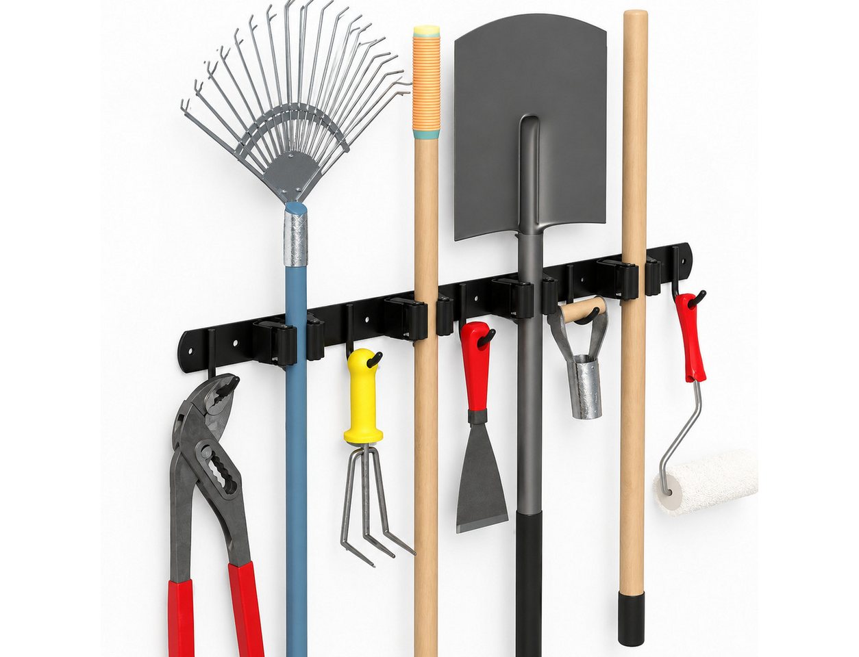 Toomoke Gartengerätehalter Gartengerätehalter Wandhaken Besenhalterung mit 4 Halter und 5 Haken, (für Besen, Mopps und Gartengeräte., 49cm*3cm,Wandhalterung,Edelstahl,platzsparend) Bild 2