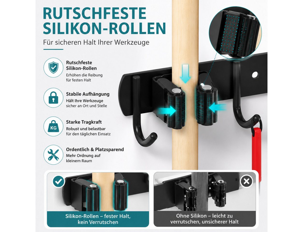 Toomoke Gartengerätehalter Gartengerätehalter Wandhaken Besenhalterung mit 4 Halter und 5 Haken, (für Besen, Mopps und Gartengeräte., 49cm*3cm,Wandhalterung,Edelstahl,platzsparend) Bild 3