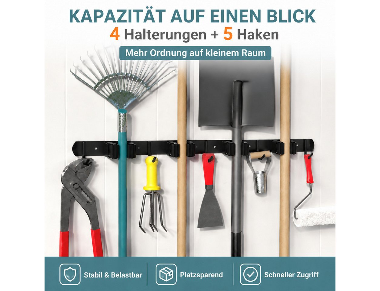 Toomoke Gartengerätehalter Gartengerätehalter Wandhaken Besenhalterung mit 4 Halter und 5 Haken, (für Besen, Mopps und Gartengeräte., 49cm*3cm,Wandhalterung,Edelstahl,platzsparend) Bild 4