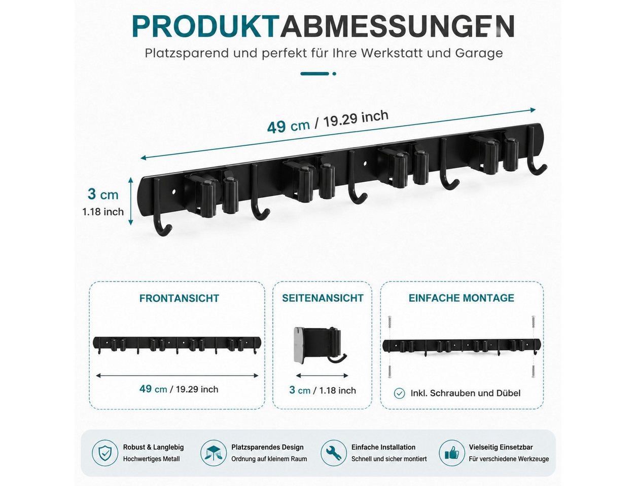 Toomoke Gartengerätehalter Gartengerätehalter Wandhaken Besenhalterung mit 4 Halter und 5 Haken, (für Besen, Mopps und Gartengeräte., 49cm*3cm,Wandhalterung,Edelstahl,platzsparend) Bild 5
