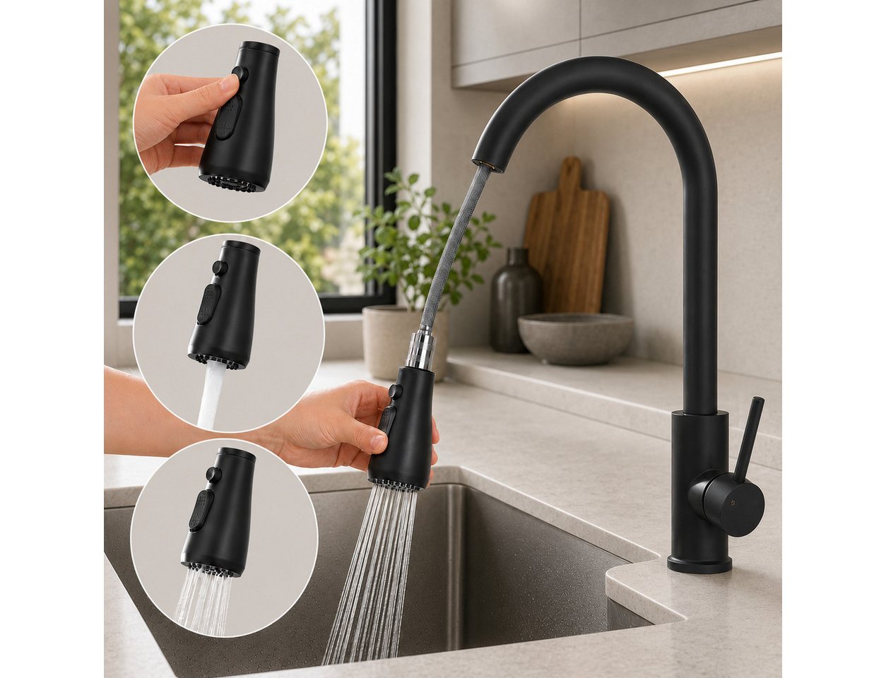 HOMELIVE Spültischarmatur Hochdruck Wasserhahn Küche 360° Küchenarmatur mit Ausziehbarer Edelstahl Küchenarmatur ausziehbar mit 2 Strahlarten,Schwarz