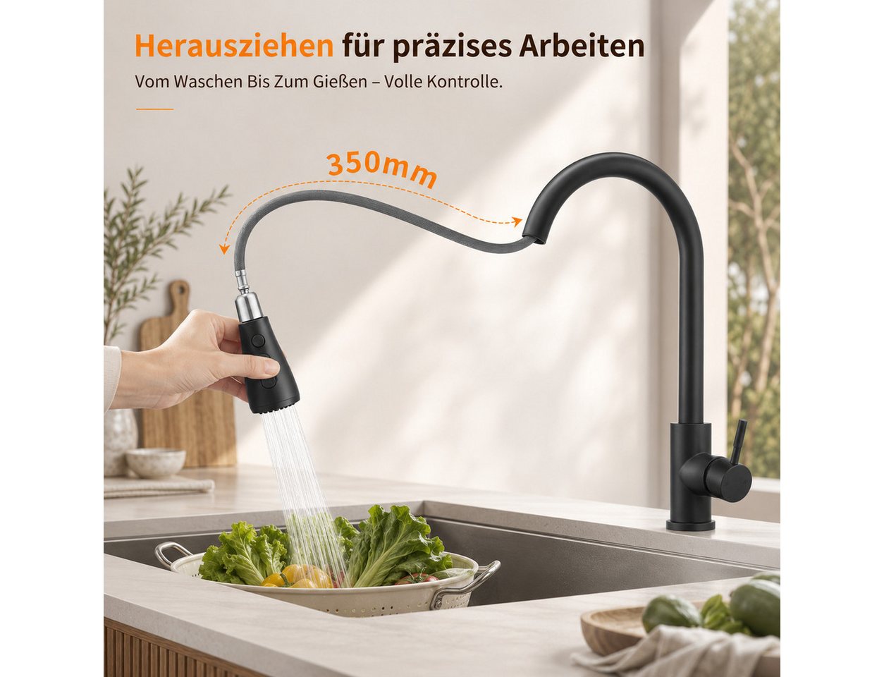 HOMELIVE Spültischarmatur Hochdruck Wasserhahn Küche 360° Küchenarmatur mit Ausziehbarer Edelstahl Küchenarmatur ausziehbar mit 2 Strahlarten,Schwarz Bild 2