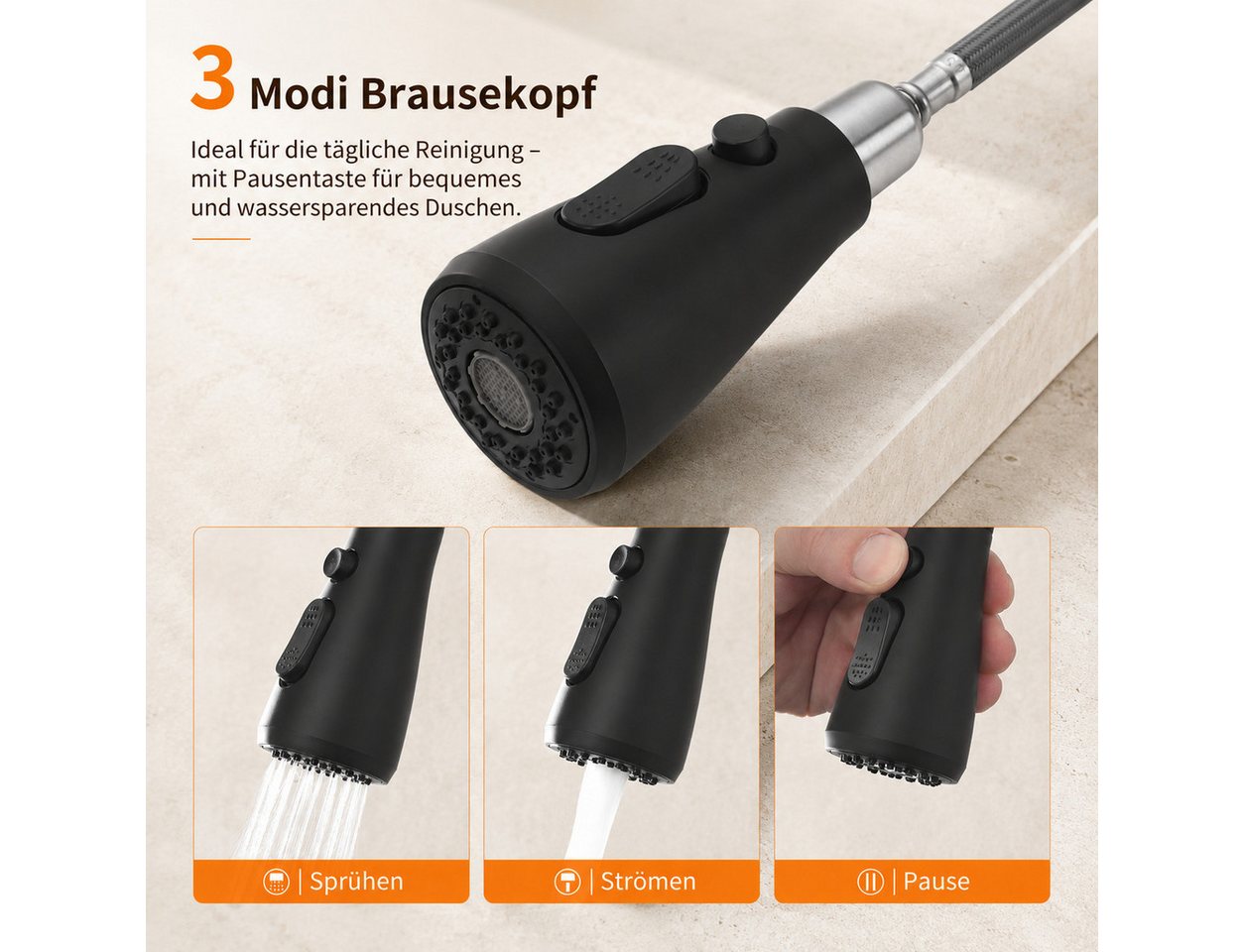 HOMELIVE Spültischarmatur Hochdruck Wasserhahn Küche 360° Küchenarmatur mit Ausziehbarer Edelstahl Küchenarmatur ausziehbar mit 2 Strahlarten,Schwarz Bild 3