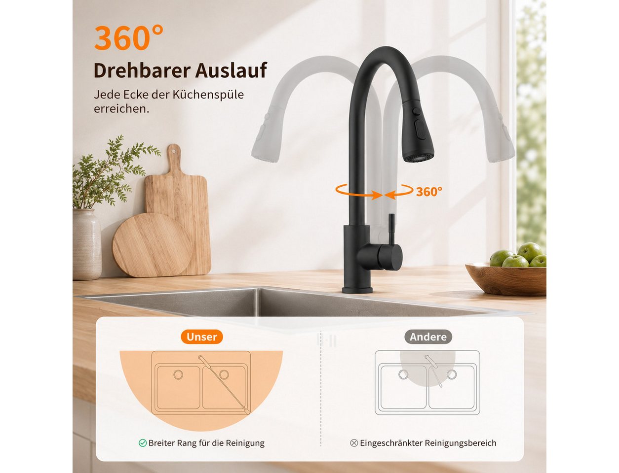 HOMELIVE Spültischarmatur Hochdruck Wasserhahn Küche 360° Küchenarmatur mit Ausziehbarer Edelstahl Küchenarmatur ausziehbar mit 2 Strahlarten,Schwarz Bild 4