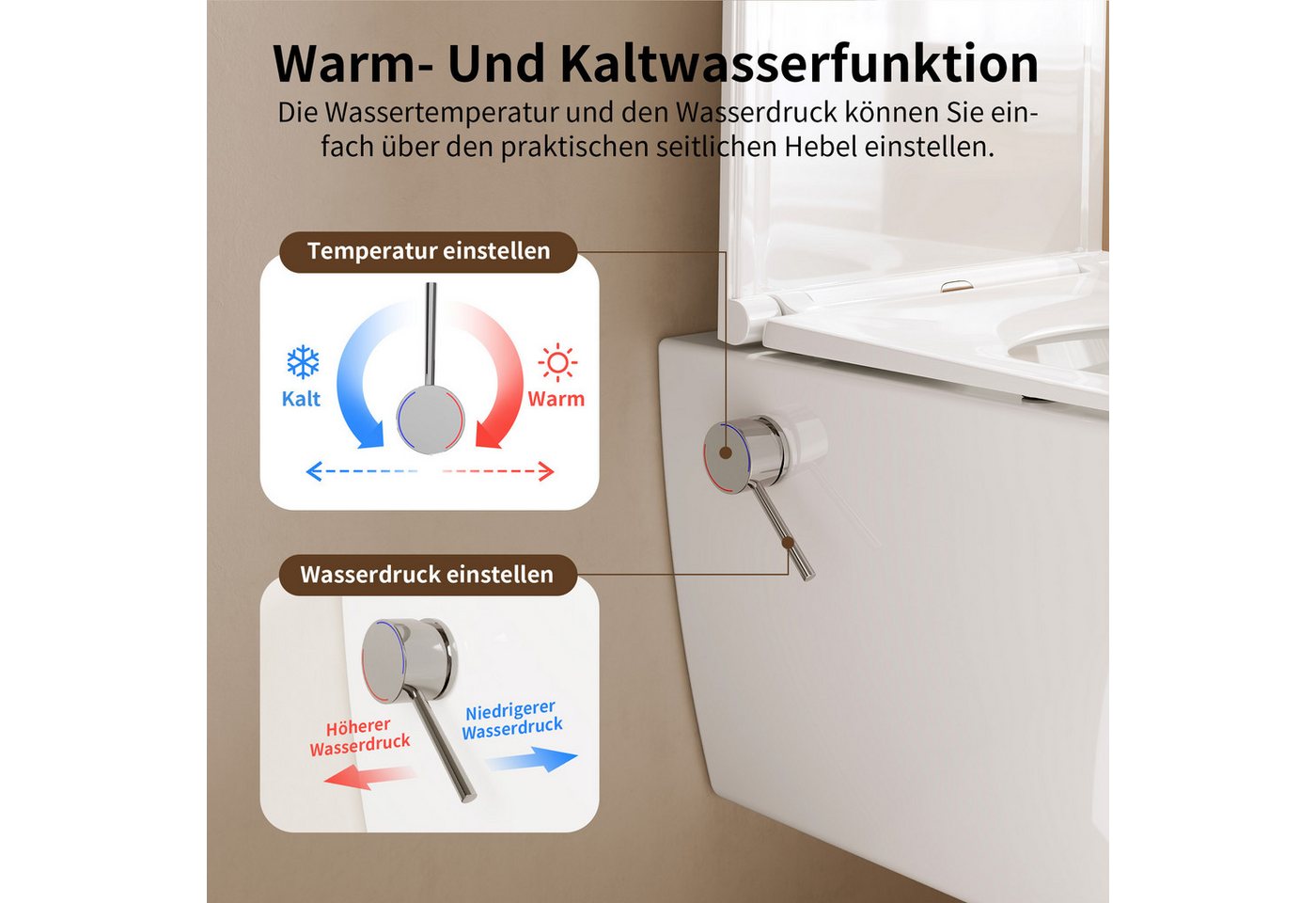 DeerValley Dusch-WC Kalt-Warm Wasser, Hänge WC Spülrandlos mit Bidet-Düse, Wandmontage, Abgang waagerecht, Wassersparend, Geräuscharm, Bidetfunktion ohne Strom, spülrandlos, Soft-Close-Sitz Bild 2