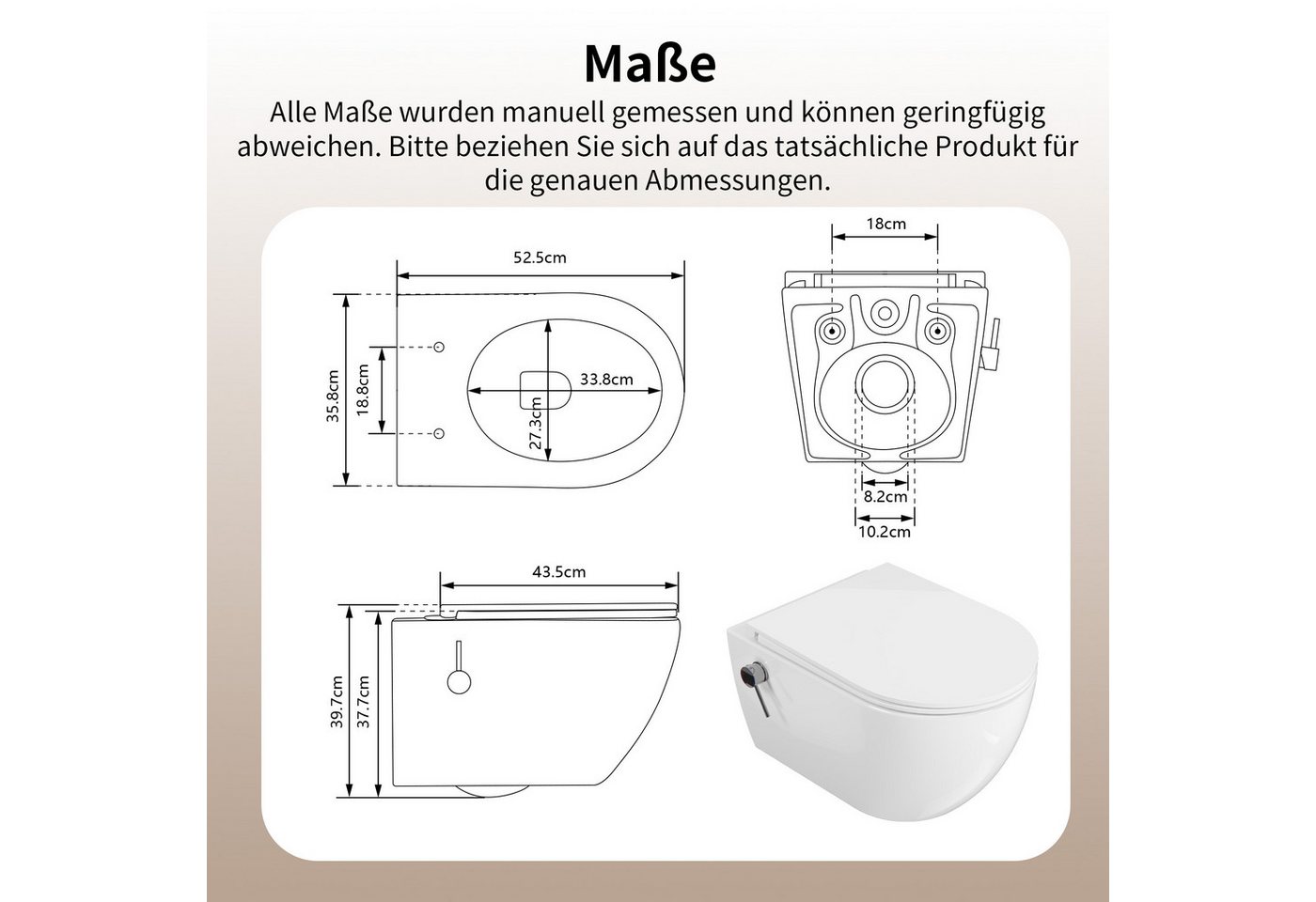 DeerValley Dusch-WC Kalt-Warm Wasser, Hänge WC Spülrandlos mit Bidet-Düse, Wandmontage, Abgang waagerecht, Wassersparend, Geräuscharm, Bidetfunktion ohne Strom, spülrandlos, Soft-Close-Sitz Bild 3