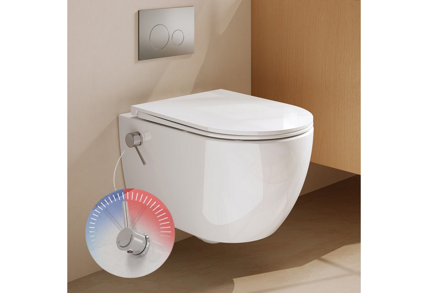 DeerValley Dusch-WC Kalt-Warm Wasser, Hänge WC Spülrandlos mit Bidet-Düse, Wandmontage, Abgang waagerecht, Wassersparend, Geräuscharm, Bidetfunktion ohne Strom, spülrandlos, Soft-Close-Sitz Bild 5