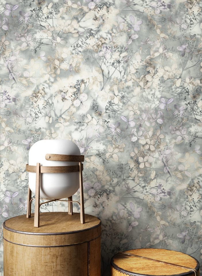 Newroom Vliestapete Murimi Grey Tapete Mustertapete Blätter,Blumen,Zweige, Grau Tapete Floral Blätter - Mustertapete Blumentapete Hellgrau Creme Vintage Romantisch Blumen Zweige für Wohnzimmer Schlafzimmer Küche, Blumentapete Bild 3