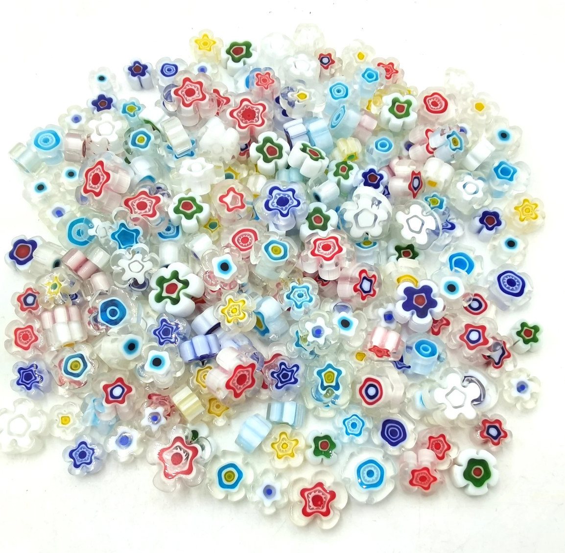 Armena Mosaikfliesen Blütenform Millefiori Glas Mosaiksteine gemischt 7-10mm 100g c.a110st., durchsichtig