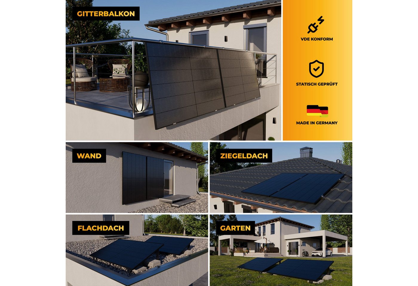Kleines Kraftwerk Balkonkraftwerk, 2000 W, Monokristallin, (Ziegeldach, Solaranlage Komplettset mit Wechselrichter), 4 x 500W, Wechselrichter, Stromanschlusskabel, Solarverlängerungskabel