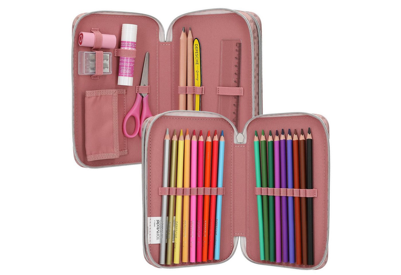 Depesche Federmäppchen Gefüllte 2-Fach Federtasche Rosa mit Model Motiv und Hund, Buntstifte, Schere, Lineal UVM.