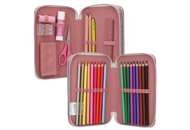 Depesche Federmäppchen Gefüllte 2-Fach Federtasche Rosa mit Model Motiv und Hund, Buntstifte, Schere, Lineal UVM.