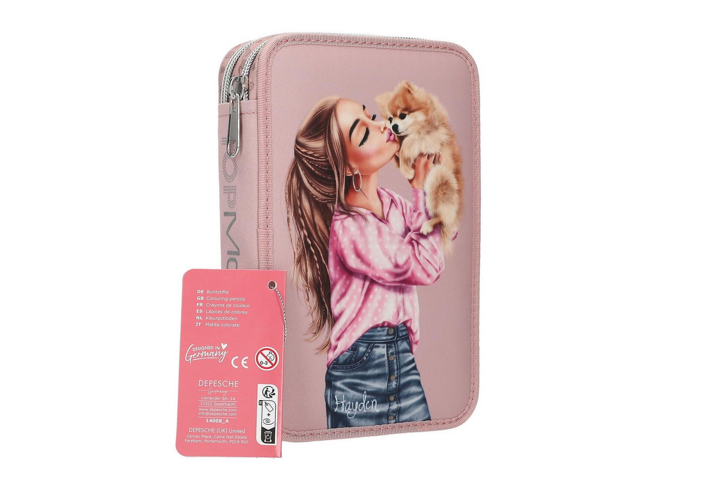 Depesche Federmäppchen Gefüllte 2-Fach Federtasche Rosa mit Model Motiv und Hund, Buntstifte, Schere, Lineal UVM. Bild 3