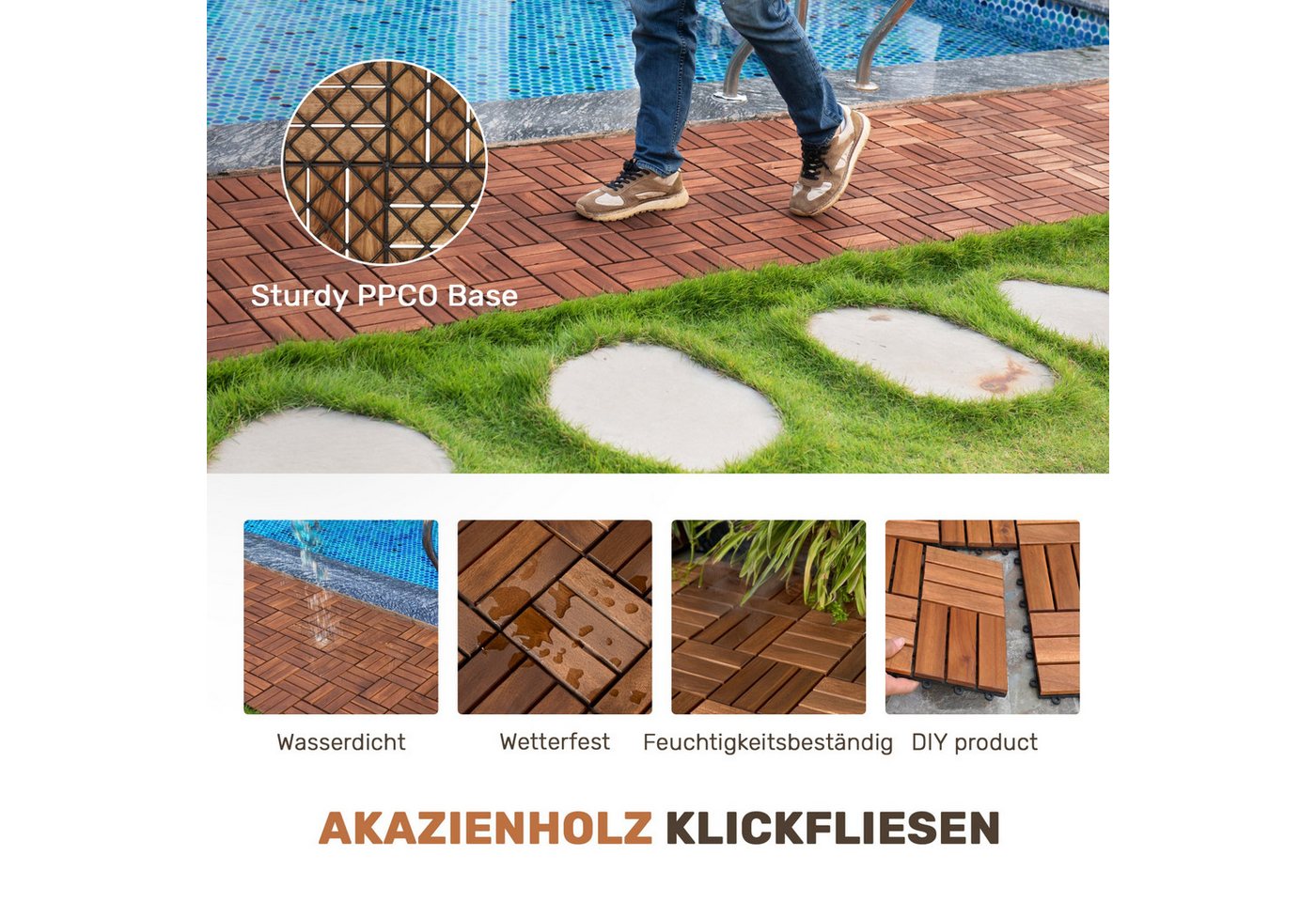 Blossom Holzfliesen Acacia Holzfliesen 11er Set 30x30cm Balkonfliesen aus Massivholz, 11 St., 11er Set 30x30cm, Terrassenfliesen aus Akazienholz für Balkon, Terrasse, Garten & Pool Bild 2