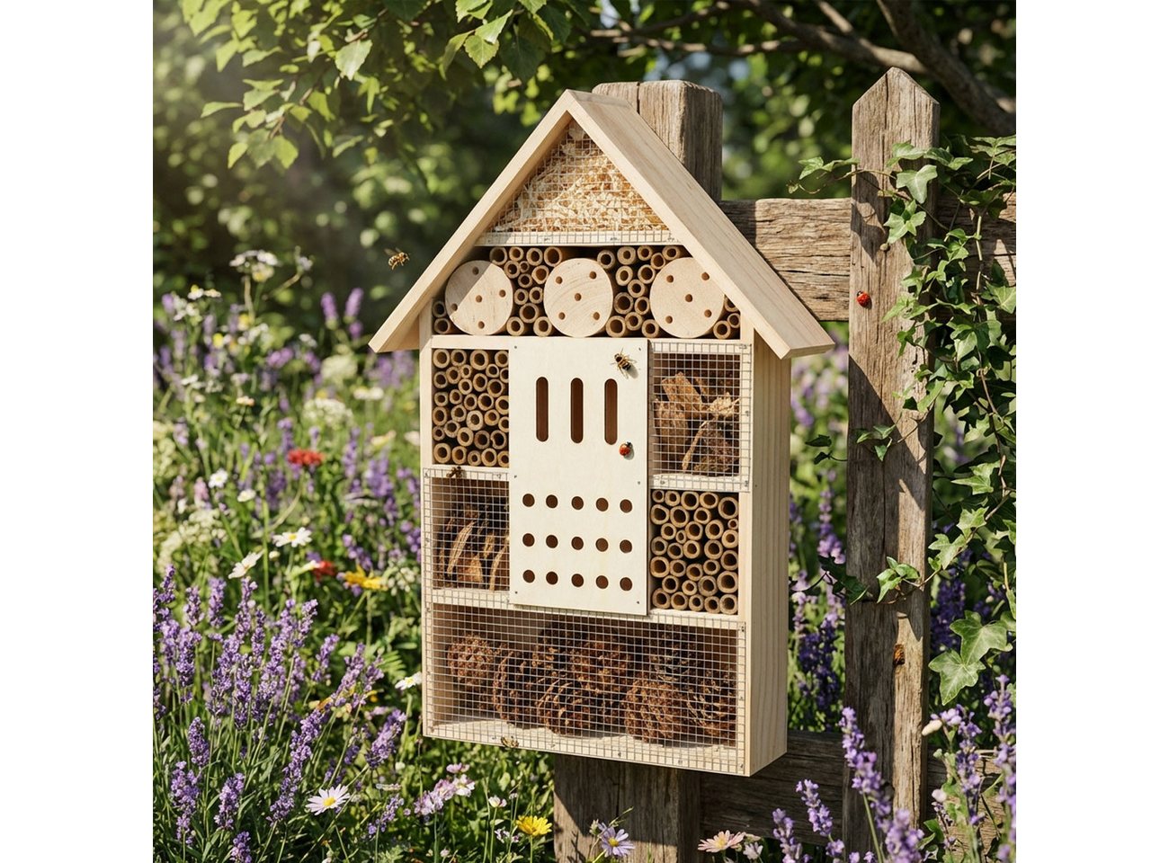 Progarden Insektenhotel XL Insektenhotel 51x35cm, FSC® Naturholz, Bambus & Zapfen, aus 100% FSC-Naturholz mit Bambus & Zapfen