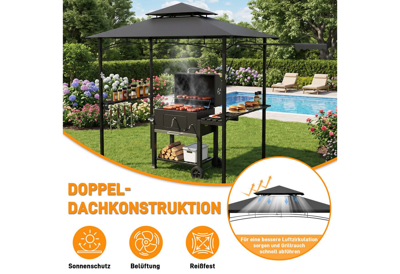 FIVMEN Grillpavillon mit seitlicher, Doppeldach Seitenablage Garten BBQ Pavillon, Grillunterstand für Terrasse stabiler Stahlgestell 245x141x253cm