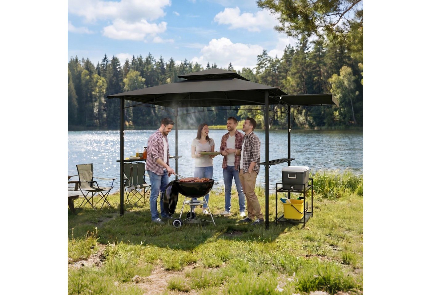 FIVMEN Grillpavillon mit seitlicher, Doppeldach Seitenablage Garten BBQ Pavillon, Grillunterstand für Terrasse stabiler Stahlgestell 245x141x253cm Bild 2
