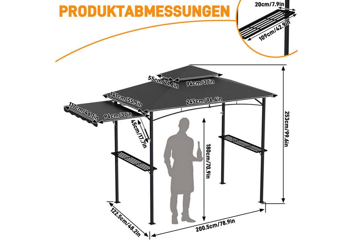 FIVMEN Grillpavillon mit seitlicher, Doppeldach Seitenablage Garten BBQ Pavillon, Grillunterstand für Terrasse stabiler Stahlgestell 245x141x253cm Bild 3
