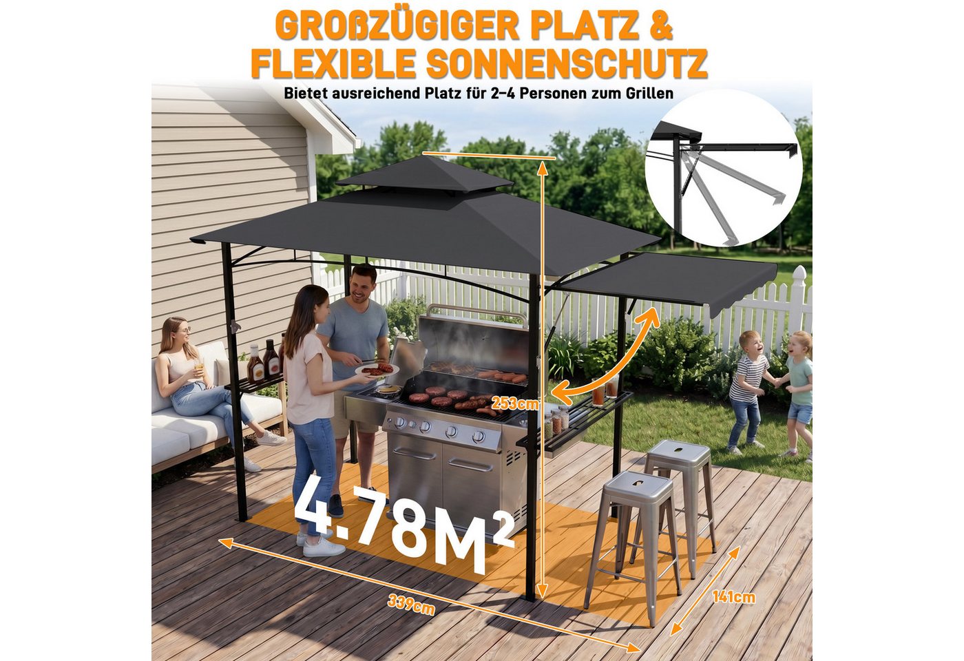 FIVMEN Grillpavillon mit seitlicher, Doppeldach Seitenablage Garten BBQ Pavillon, Grillunterstand für Terrasse stabiler Stahlgestell 245x141x253cm Bild 4