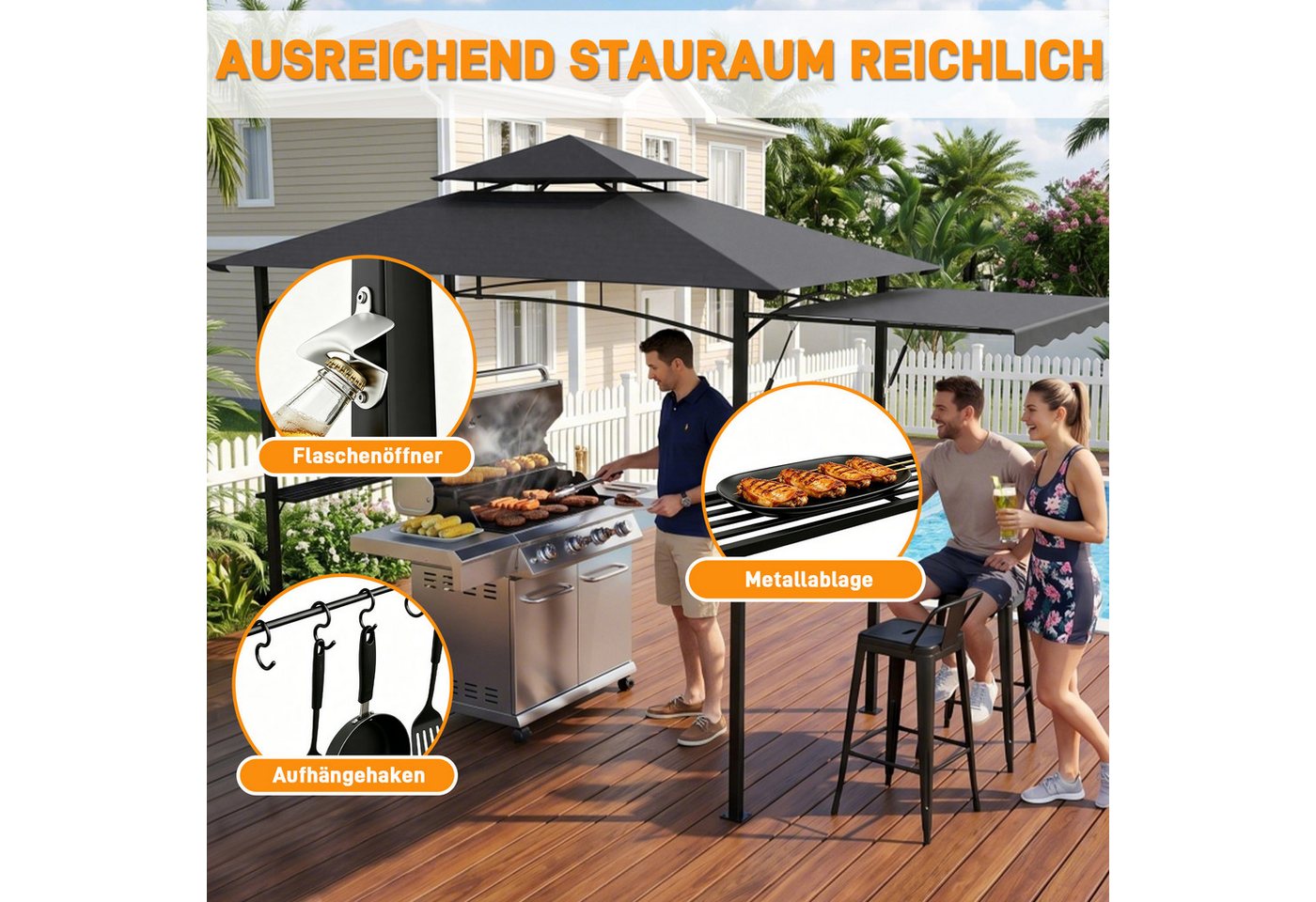 FIVMEN Grillpavillon mit seitlicher, Doppeldach Seitenablage Garten BBQ Pavillon, Grillunterstand für Terrasse stabiler Stahlgestell 245x141x253cm Bild 5