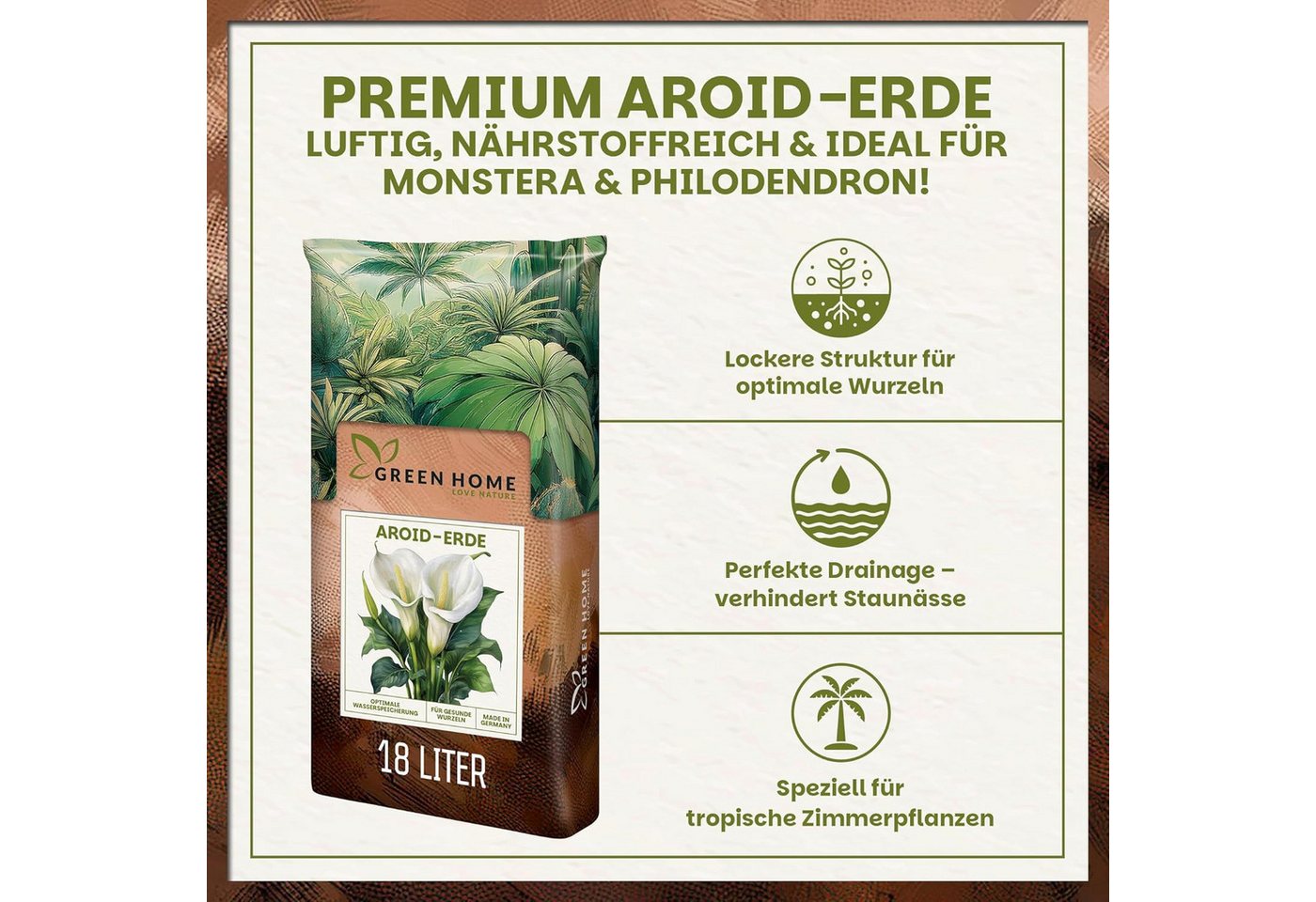 GREEN HOME LOVE NATURE Spezialerde Aroid Erde – Spezialerde für Monstera, Philodendron & Zimmerpflanzen 18 L, 36 L, 72 L, Langzeitdünger, Perlit, Kokosfasern, pH 5,8, gute Drainage Bild 3