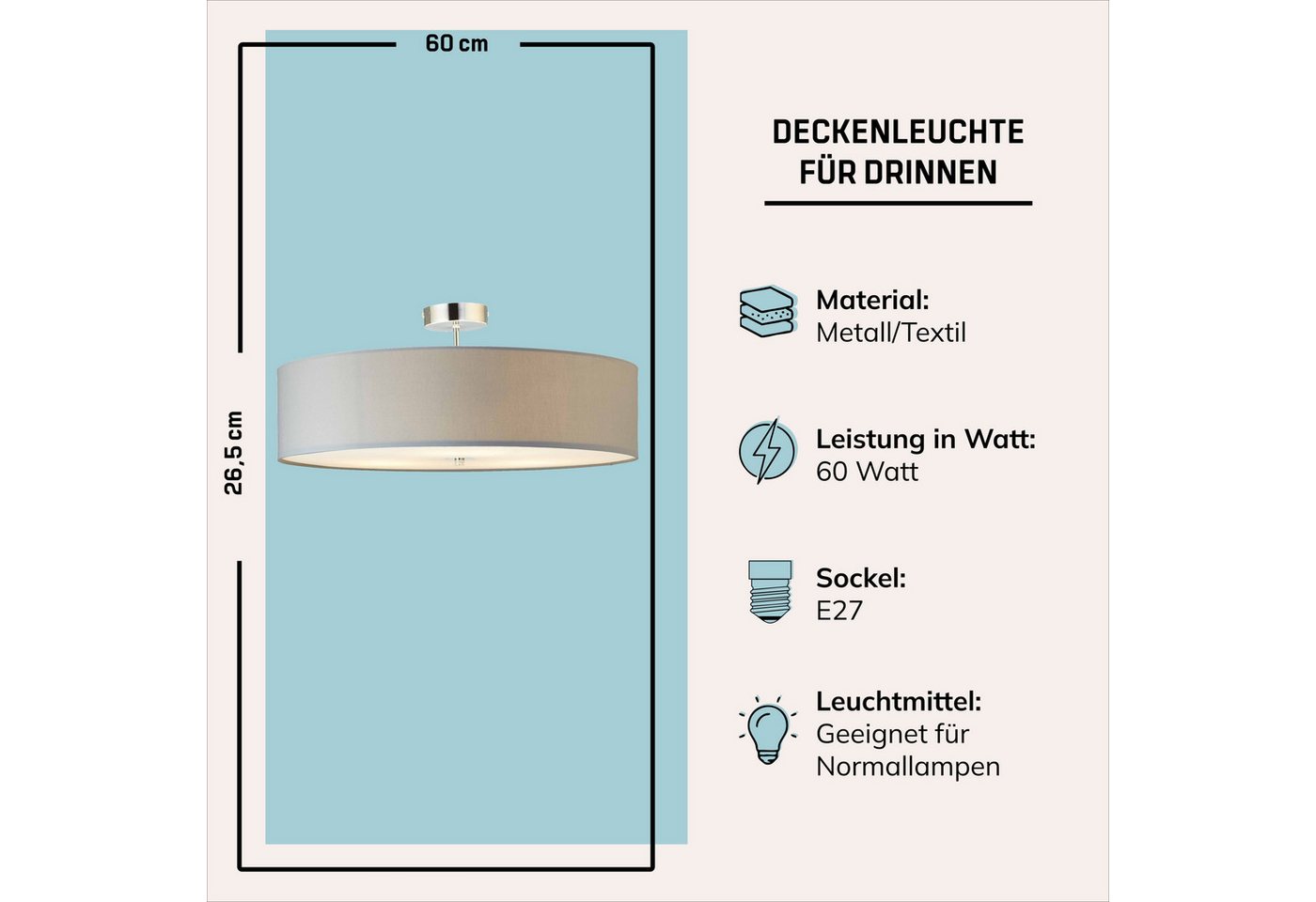 Lightbox Deckenleuchte, ohne Leuchtmittel, Deckenlampe schlichtem Stoffschirm - Metall/Textil - 60cm Durchmesser Bild 3