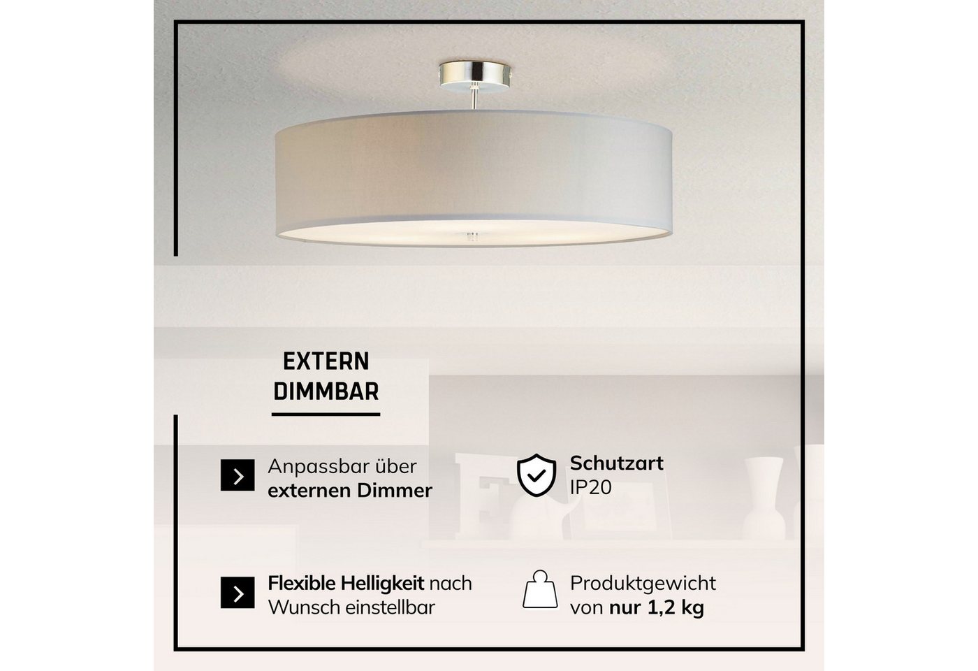 Lightbox Deckenleuchte, ohne Leuchtmittel, Deckenlampe schlichtem Stoffschirm - Metall/Textil - 60cm Durchmesser Bild 5