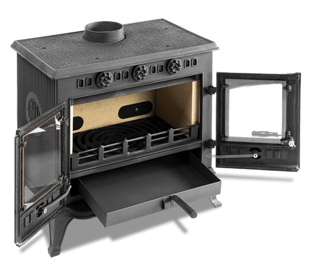 ECOfoxx Kaminofen EEK A Gusskaminofen mit Flügeltüren Modell JA006, Holz&Kohle, 9,8 kW, Dauerbrandfähig, massiver Gusseisen, großer Aschekasten in Schaufelform, Bauart 1 Bild 3