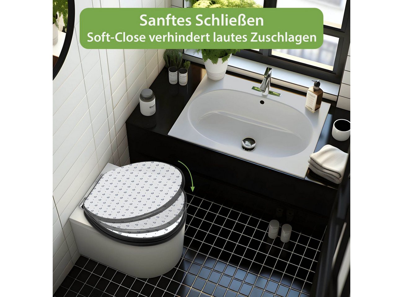 banjado WC-Sitz Anthrazit mit Absenkautomatik Motiv Kleine Anker (umweltfreundliches Material, integrierte Absenkautomatik), 46,5 x 38 x 5 cm