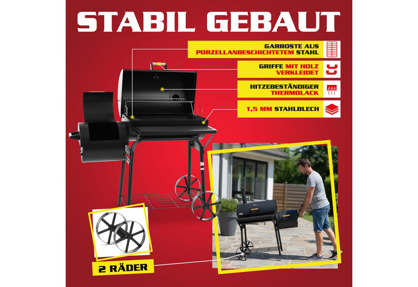 Hecht Smoker Grillwagen Holzkohlegrill XXL mit Thermometer 2 Brennkammern, mit Deckel, Porzellanbeschichtet