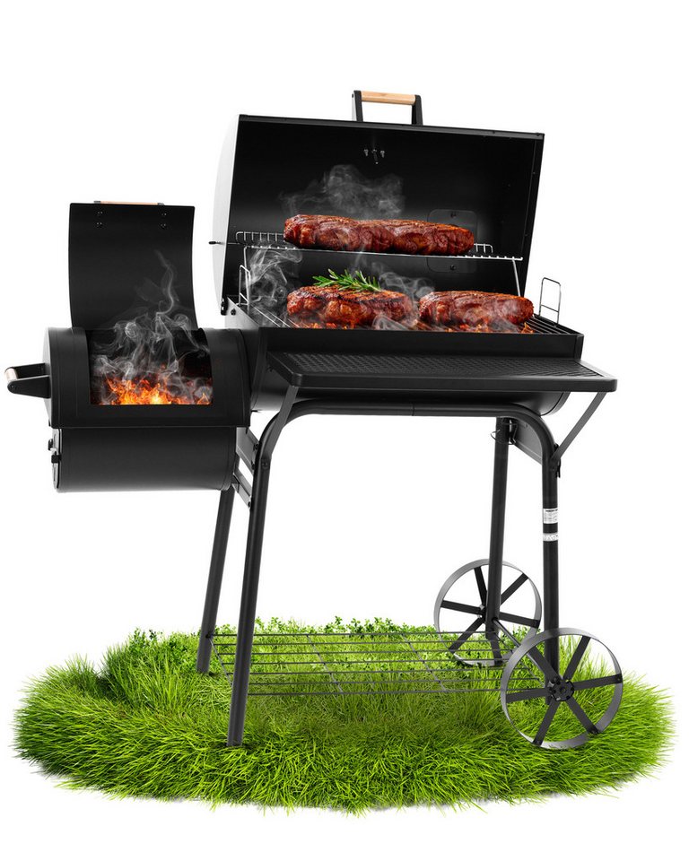 Hecht Smoker Grillwagen Holzkohlegrill XXL mit Thermometer 2 Brennkammern, mit Deckel, Porzellanbeschichtet Bild 2