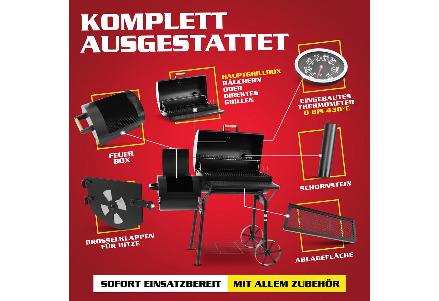 Hecht Smoker Grillwagen Holzkohlegrill XXL mit Thermometer 2 Brennkammern, mit Deckel, Porzellanbeschichtet Bild 3
