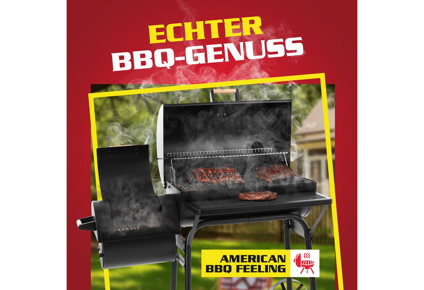 Hecht Smoker Grillwagen Holzkohlegrill XXL mit Thermometer 2 Brennkammern, mit Deckel, Porzellanbeschichtet Bild 4