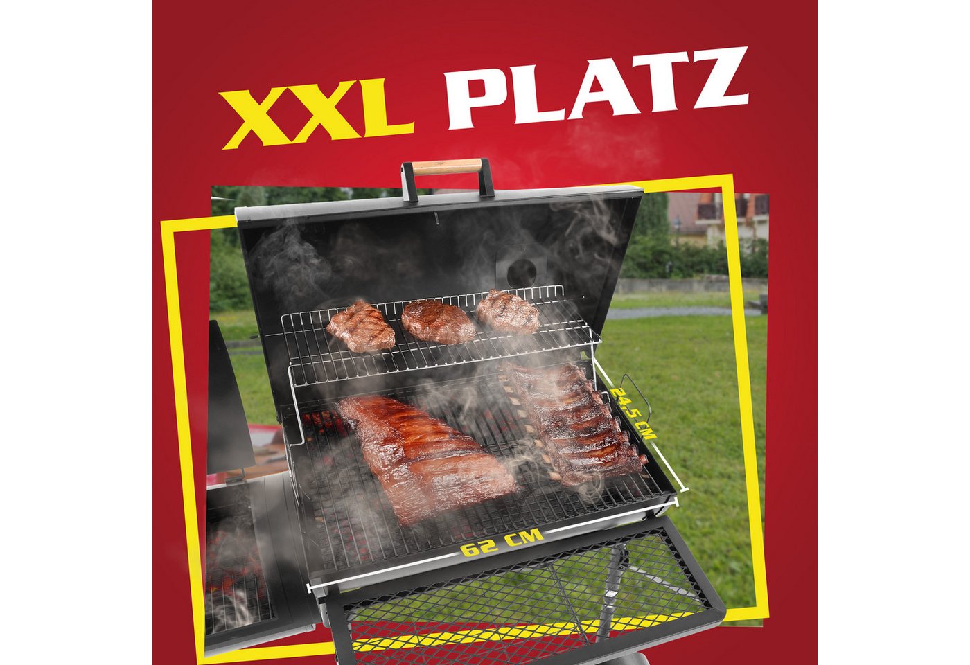 Hecht Smoker Grillwagen Holzkohlegrill XXL mit Thermometer 2 Brennkammern, mit Deckel, Porzellanbeschichtet Bild 5