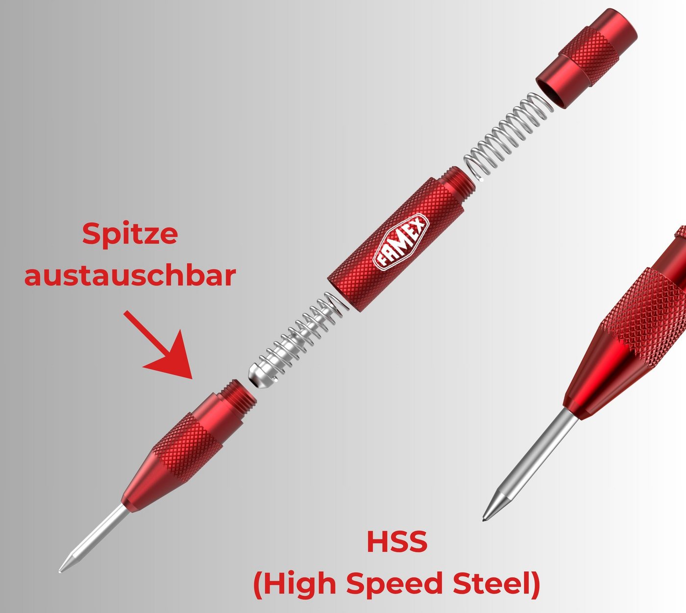 FAMEX Spatmeißel 8242 Automatik Körner, (schwere Ausführung, Ersatzspitze, 1-tlg., TOP-Qualität) HSS Stahl, einstellbar 50–100 N Bild 2