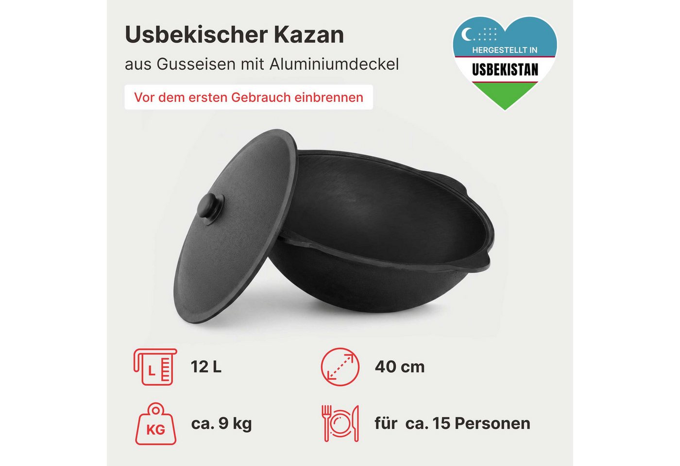 BIG-PAN Feuerstelle Usbekischer Uchag 2mm Stahl 12L Kazan Set Feuerstelle Campingofen Plov, (Outdoor Ofen Kasan Grillhandschuhe, Gulaschkessel Set Feuerofen Komplettset) Bild 2