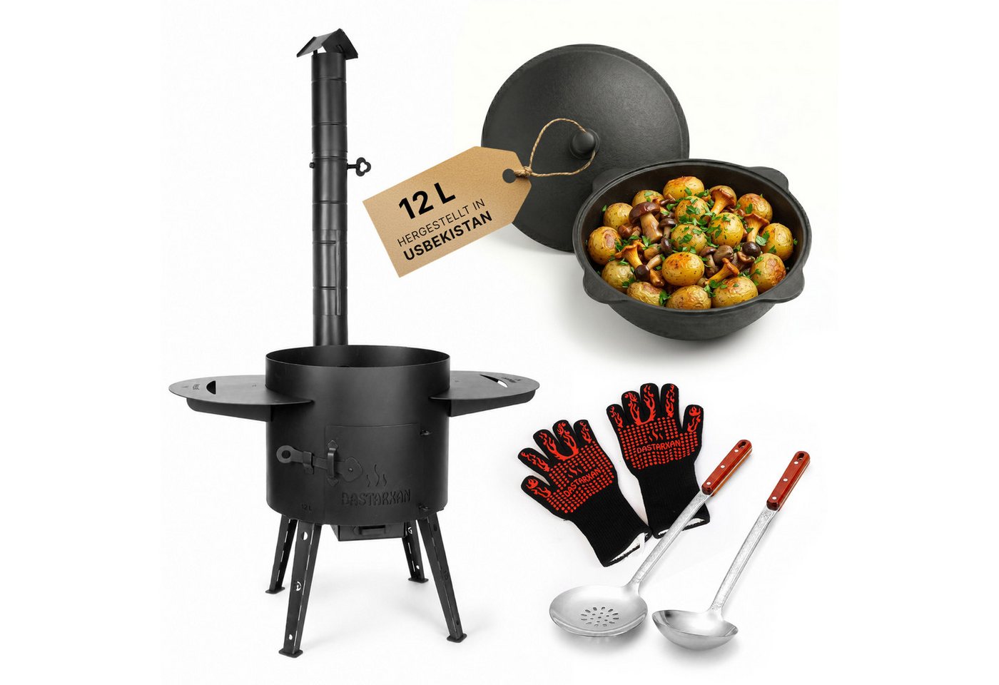 BIG-PAN Feuerstelle Usbekischer Uchag 2mm Stahl 12L Kazan Set Feuerstelle Campingofen Plov, (Outdoor Ofen Kasan Grillhandschuhe, Gulaschkessel Set Feuerofen Komplettset) Bild 3