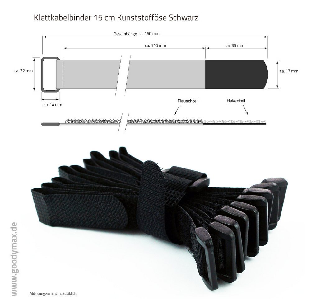 Goodymax Kabelbinder 10 Stück Klettkabelbinder Kunststofföse 15, 20, 30, 40 cm (15 cm Länge Schwarz, 10 Stück, Haken und Flausch auf GLEICHEN SEITEN) wiederverwendar Klettband Klettverschluss Kabel Organizer Bild 5