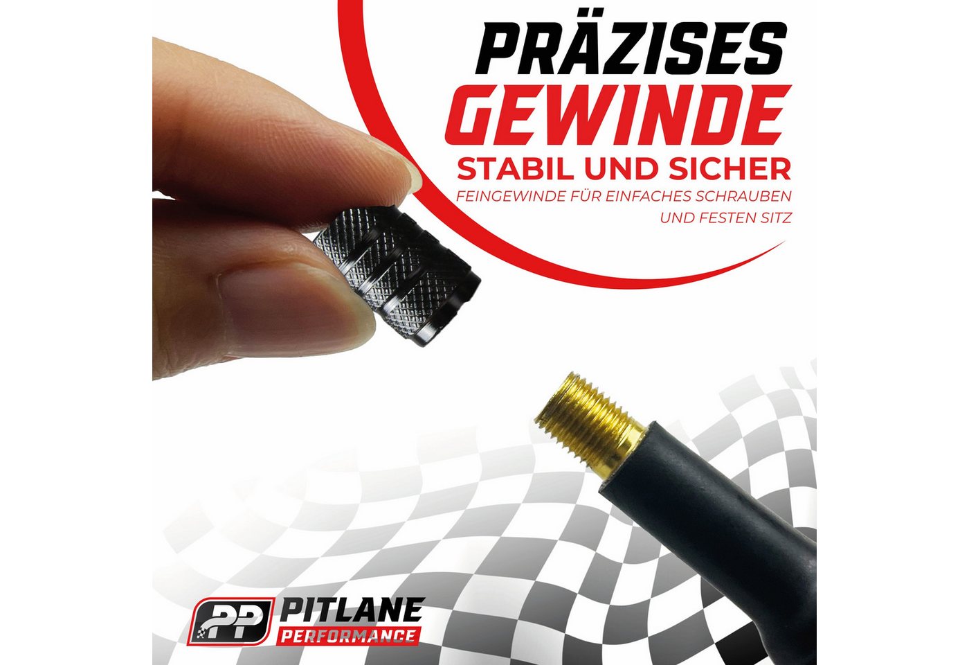 Pitlane Performance Ventilkappe Alu Ventilkappen 4 Stück Reifenventilkappen, (4er Set, 4-St., Schutz vor Schmutz & Druckverlust für individuelles Styling), Reifen-Ventilkappen mit Innendichtung PKW, Wohnwagen & MTB Autoventil Bild 2