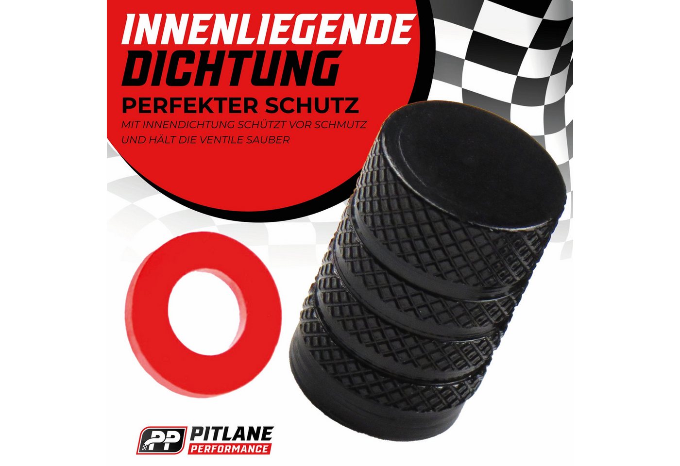 Pitlane Performance Ventilkappe Alu Ventilkappen 4 Stück Reifenventilkappen, (4er Set, 4-St., Schutz vor Schmutz & Druckverlust für individuelles Styling), Reifen-Ventilkappen mit Innendichtung PKW, Wohnwagen & MTB Autoventil Bild 4