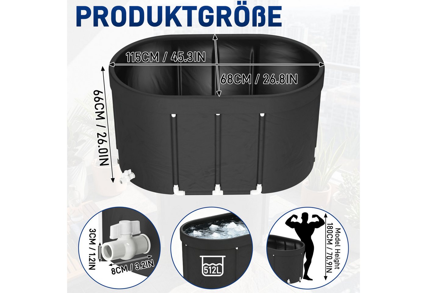 FIVMEN Badewanne Eisbadewanne Schwarz 512L, isolierte PVC-Wanne, Garten Balkon, Eisbad Tonne für Sportler Erwachsene Kältebecken Bild 5